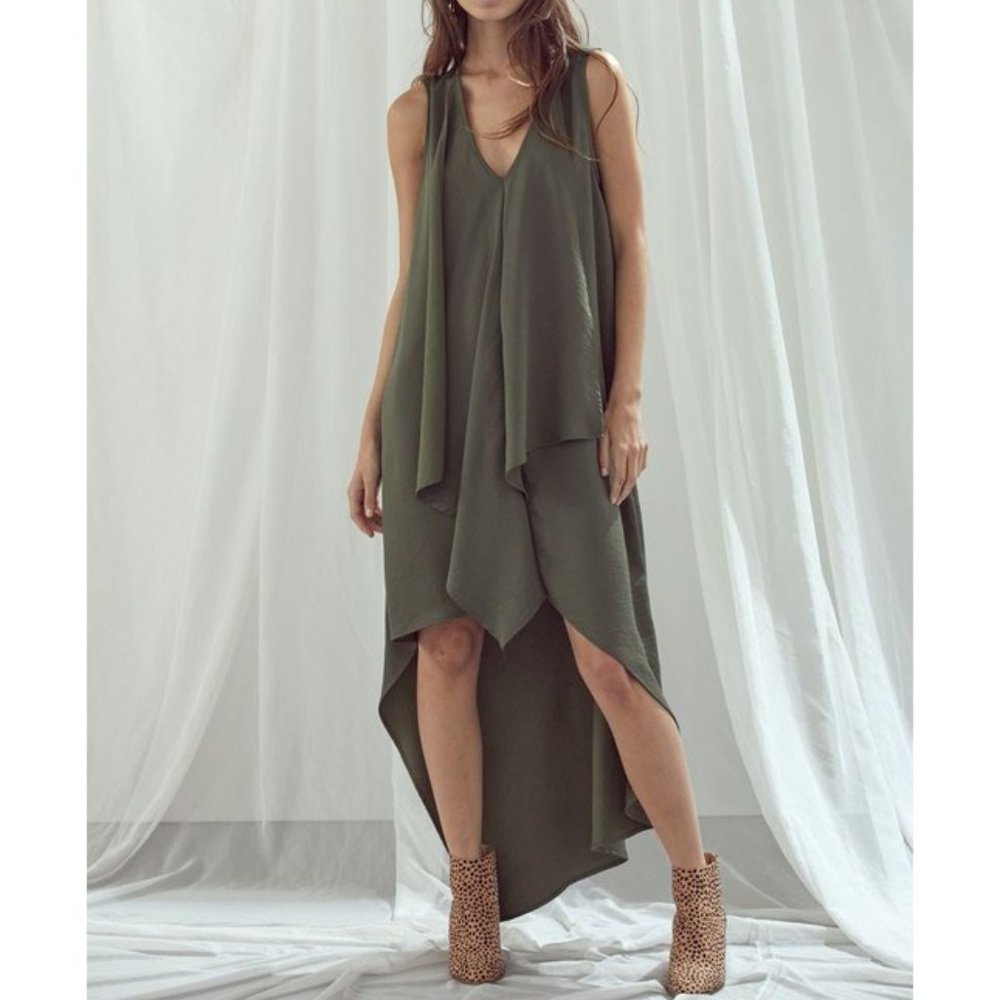 Army Green Draped Sleeveless High Low Dress